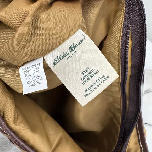 Eddie Bauer Down Filled Puffer Bag Crossbody Tan Brown Leather Outdoor Gorpcore - Picture 11 of 14